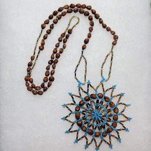 Vintage Boho Seed Bead Medallion 30" Necklace